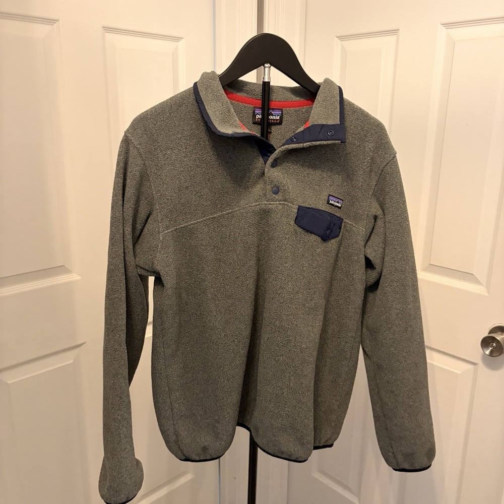 Patagonia Women Medium Synchilla Snap-T Fleece Pullover Grey Navy Blue Retro Y2K